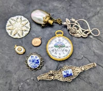 Vintage Antique Jewelry Lot Victorian Locket Brooch Sterling Delft Resale • $78