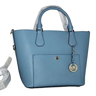 NWT Michael Kors Greenwich Large Saffiano Leather Satchel Shoulder Grab Bag Sky • $198