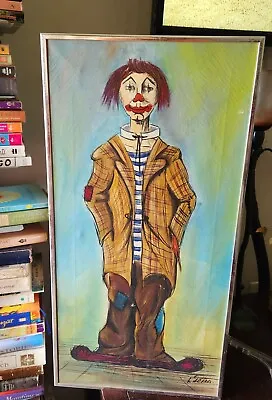 Circus CLOWN OIL PAINTING Canvas MCM 24x12 Framed Signed L. PETRA VINTAGE • $50