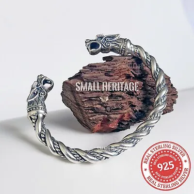 925 Sterling Silver Viking Bracelet Norse Cuff Medieval Style Arm Ring For Men • $293.93