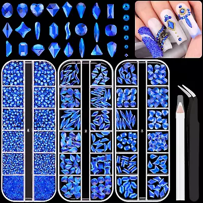 2750Pcs Royal Blue Glass Nail Rhinestones 240Pcs Multi Shapes Flatback Gems Crys • $23.99