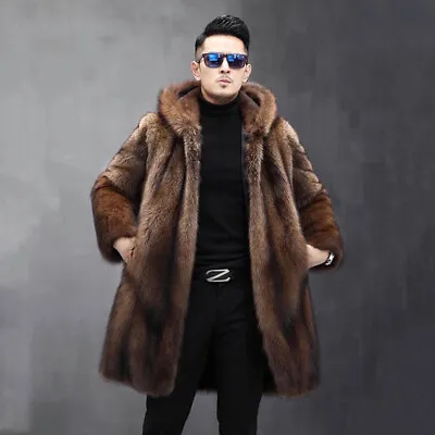 Men's Hooded Mink Coat Winter New Mink Long Warm Mink Fur Coat Casual Large Size • $127.04