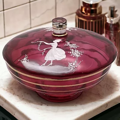 VTG. Hand Painted MARY GREGORY Cranberry Glass Candy Dish W/ Finial Lid  • $57.99