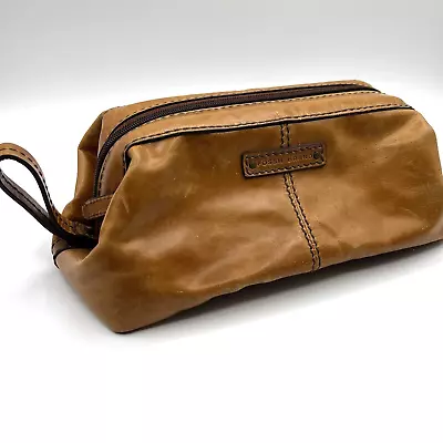 Fossil Brown Genuine Men's Leather Framed  Zip Toiletry Shaving Travel Bag EUC • $29.99