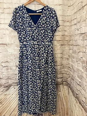 Madewell Dress Womens Large ? Navy Blue Floral Midi Short Sleeve Lined Flowy • $28.49