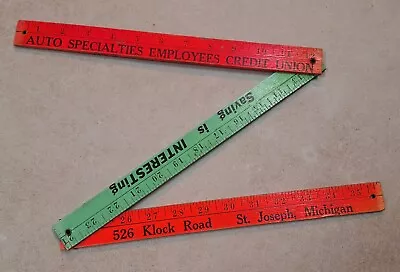 Vintage Wooden TRI-FOLD YARDSTICK AUTO SPECIALTIES EMPLOYEES CREDIT UNION SJ MI • $19.95