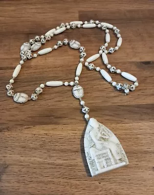 Max Neiger Antique White Czech Glass Egyptian Revival Pharaoh Scarab Necklace • £40