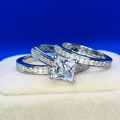 7mm Princess Cut Moissanite Trio Set Wedding Matching Band 14k White Gold Plated • $191.39