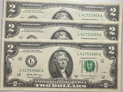 *Lot Of 3 LUCKY CRISP Uncirculated/Sequential $2 Two Dollar Bills* Series 2017A. • $10.95