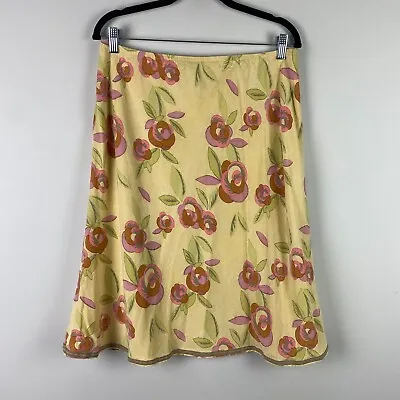 J Jill Floral A Line Skirt Tencel Yellow Summery Floral Knee Length Size 14 Tall • $19.95