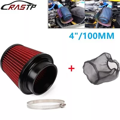 Red 4  100mm Inlet Car Truck Air Intake Cone Dry Air Filter W/ Filter Sock Cover • $18.35