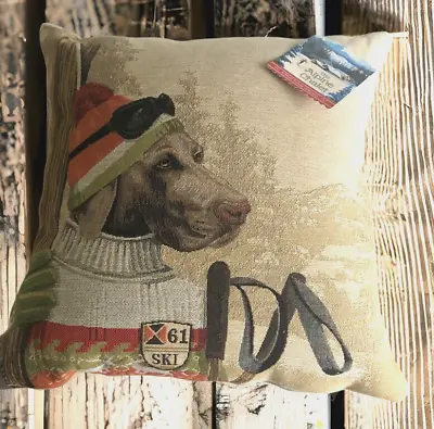 Rolande Du Dreuilh Gray Lab Dog Skier 18x18  Sq Pillow Alpine Chalet France • $75.90