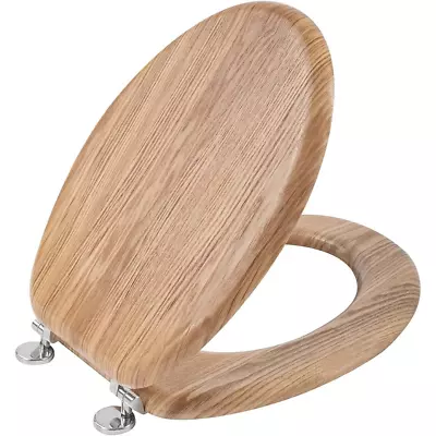 Antibacterial Wooden Toilet Seat Adjustable Hinges 45 X 37 X 5.6 Cm Solid Oak • £39.99