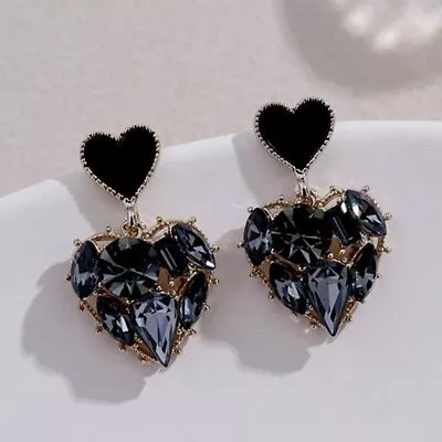 Fashion Black Heart Crystal Earrings Stud Women Drop Dangle Jewelry Wedding Gift • $3.65