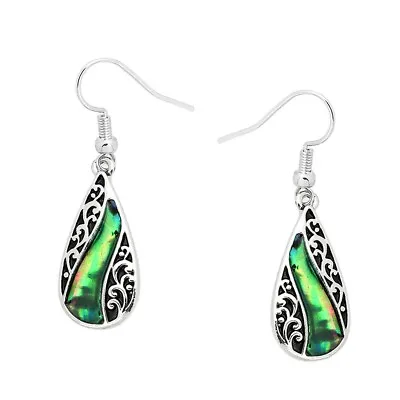 Abalone Shell Earrings Thin Oval Sea Life Sand Beach Hook SILVER Dangle Metal • $12.99