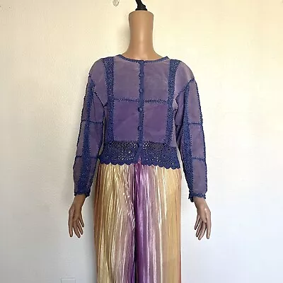 Vintage Purple Suede Leather & Crochet Patchwork Top M • $28