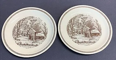 Mount Clemens Pottery Brown Country Winter Homestead 10 3/8  Dinner Plates -2 • $23.95