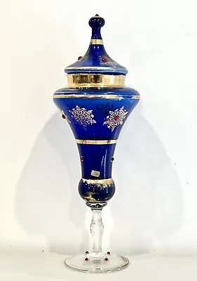 Bohemian Overlaid Cobalt Goblet Vase Urn With Lid Italy Glass Tall • $165