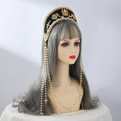 Renaissance Women Tiara Tudor Headpiece With Cross Long Chain Hood Party Wedding • $22.99