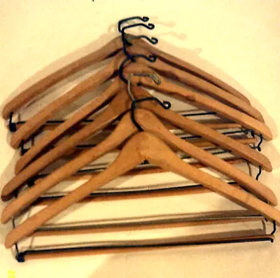 6 Vintage Wooden Clothes Hangers Pants And Jacket Metal Clamp Lot Of 6 • $5.99