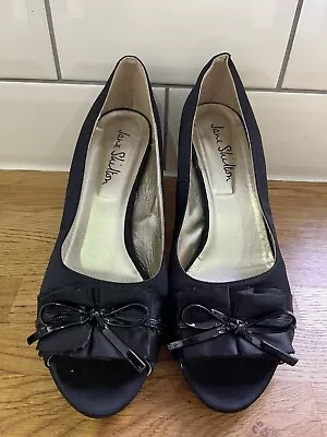 Jane Shilton Black Satin Peep Toe Mid-Heel Shoes Size 7 Bow Occasion Formal • £10