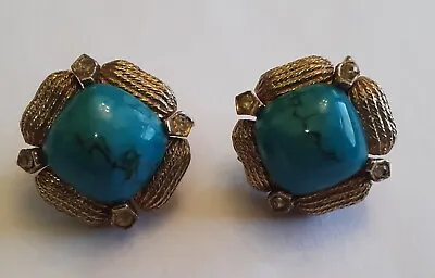 Vintage CORO Earrings Turquoise Blue Gold Tone Clip Earrings  • $11.50