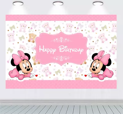 Cartoon Minnie Mouse Background Birthday Backdrop Baby Shower Banner Supplies • $49.47