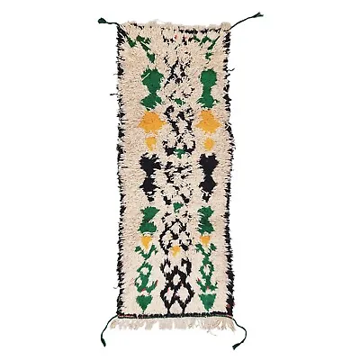 Moroccan Handmade Vintage Rug 2'2x5'9Berber Geometric Cream Cotton & Wool Carpet • $232.20