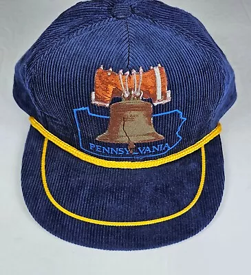 Vintage Pennsylvania Liberty Bell Blue Corduroy Snapback Trucker Hat Embroidered • $19