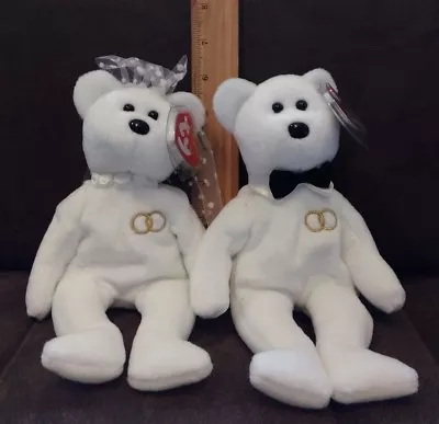 TY Beanie Babies Mr & Mrs Bride & Groom Bears 2001 W/Bowtie Veil Rings NEW • $9.99