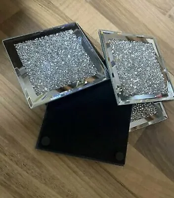 4 X Square Mirrored Crushed Crystal Coasters Sparkle Table Mats Diamond Glitter • £8.99