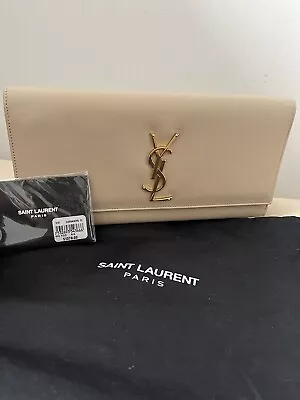 $1100 • Buy AUTH YVES SAINT LAURENT Nude CASSANDRA FLAP LEATHER CLUTCH BAG GOLDTONE HW