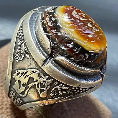 Islamic Engraved 925 Sterling Silver Men's Ring Natural Yemeni Agate Aqeeq نقش • $125