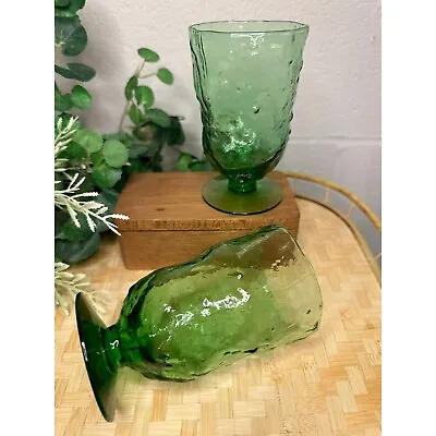 Vintage Morgantown Crinkle Avocado Glass - Green Water Goblets - Set Of 2 • $36.80