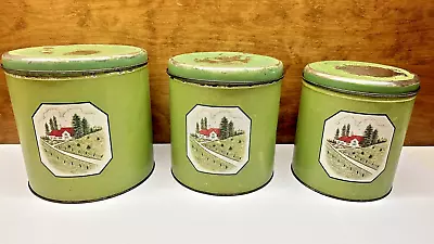 Vintage Set Of 3 Green Tin Metal Nesting Kitchen Canisters Farm Decor • $30