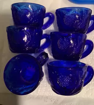 Six Miniature Cobalt Blue Glass Tea Cups Flower Design (Doll House Furnishing?) • $20