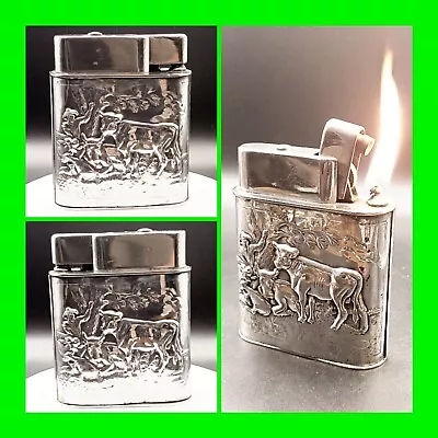 Unique Vintage Silver Push Button Mylflam Table Lighter Farming Motif - WORKING  • $154.99
