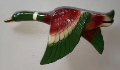 £15.47 • Buy Ceramic Mallard Duck Flying Wall Pocket Hand Painted Vintage Green Red Gold