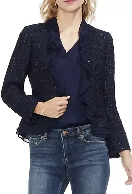 Vince Camuto Navy Blue Sparkle Tweed Boucle Ruffle Blazer Jacket Size 10/ Large • $32