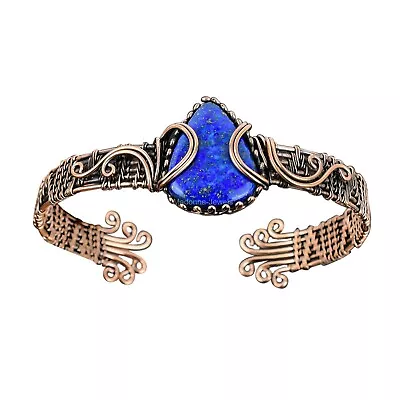 Lapis Lazuli Wire Wrapped Cuff Adjustable Bangle Handcrafted Copper Ethnic Gift • $22.18