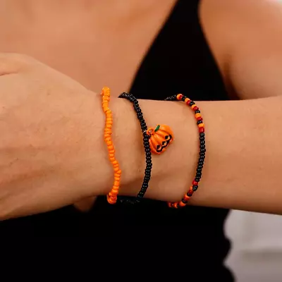 Colorful Beaded Bracelets Halloween Pumpkin Bracelet Spider Web Bat Bracelet Sta • $27.62