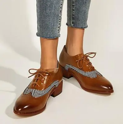 Vintage Womens Lace Up Oxfords Carved Stitching Brogues Pointed Toe Pumps Shoes • $69.95