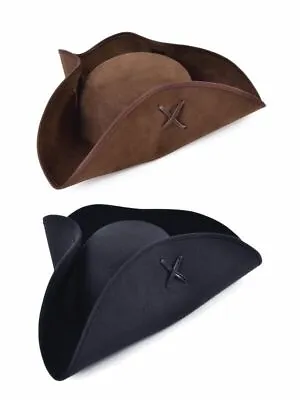 Adult Black Or Brown Pirate Tricorn Hat Mens Ladies Fancy Dress Caribbean Access • £7.99