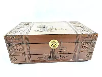 Vintage Asian Hand Carved Wood Jewelry Box With Drawer • $62