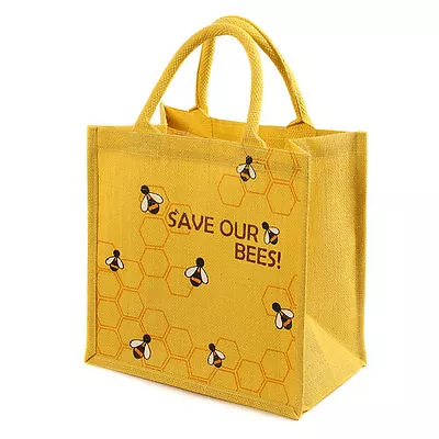 Natural Jute Shopping Bag In Yellow  Save Our Bees  Logo Eco Handmade In India • £11.95