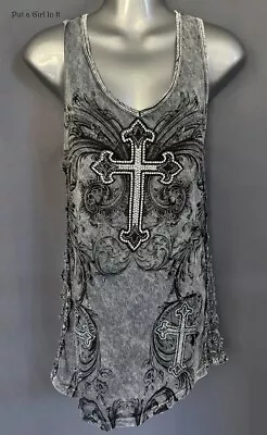 New VOCAL Womens CRYSTAL GRAY BLACK MINERAL DYED CROSS TANK TOP TUNIC SHIRT XL • $40.80