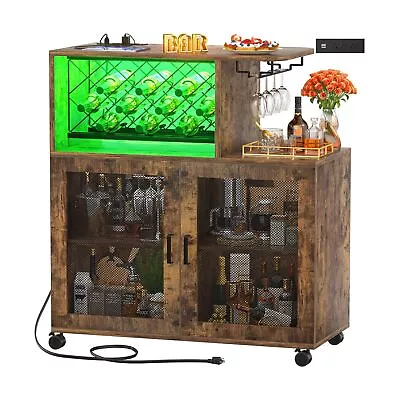 Wine Bar Cabinet With Wheels Small Liquor Cabinet With LED Light Home Bar C... • $265.19