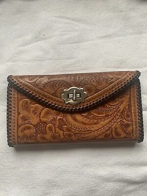 Vintage Tooled Leather Trifold Wallet Clutch Large Mexican Embossed Whipstitch • $15
