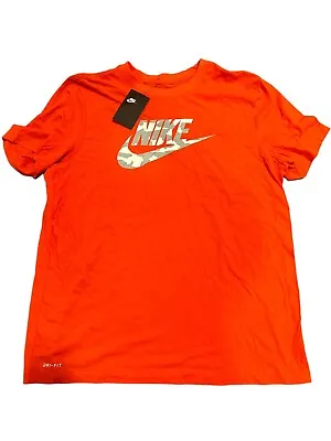 NIke Men's Orange W/ Grey And White Camo Swoosh T-Shirt DR0556-891 • $13.99