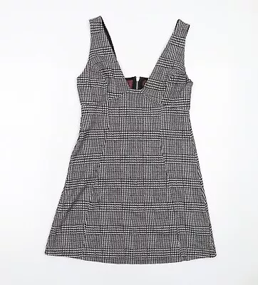 Topshop Womens Black Plaid Polyester Pinafore/Dungaree Dress Size 10 V-Neck Zip • £5